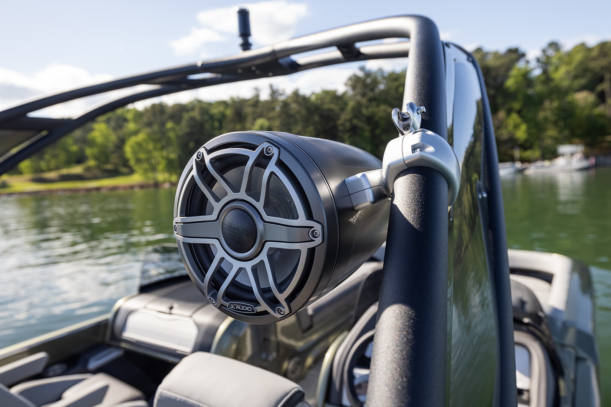 Close up of a Power Sport Tower speaker on a 2022 green Manitou XT