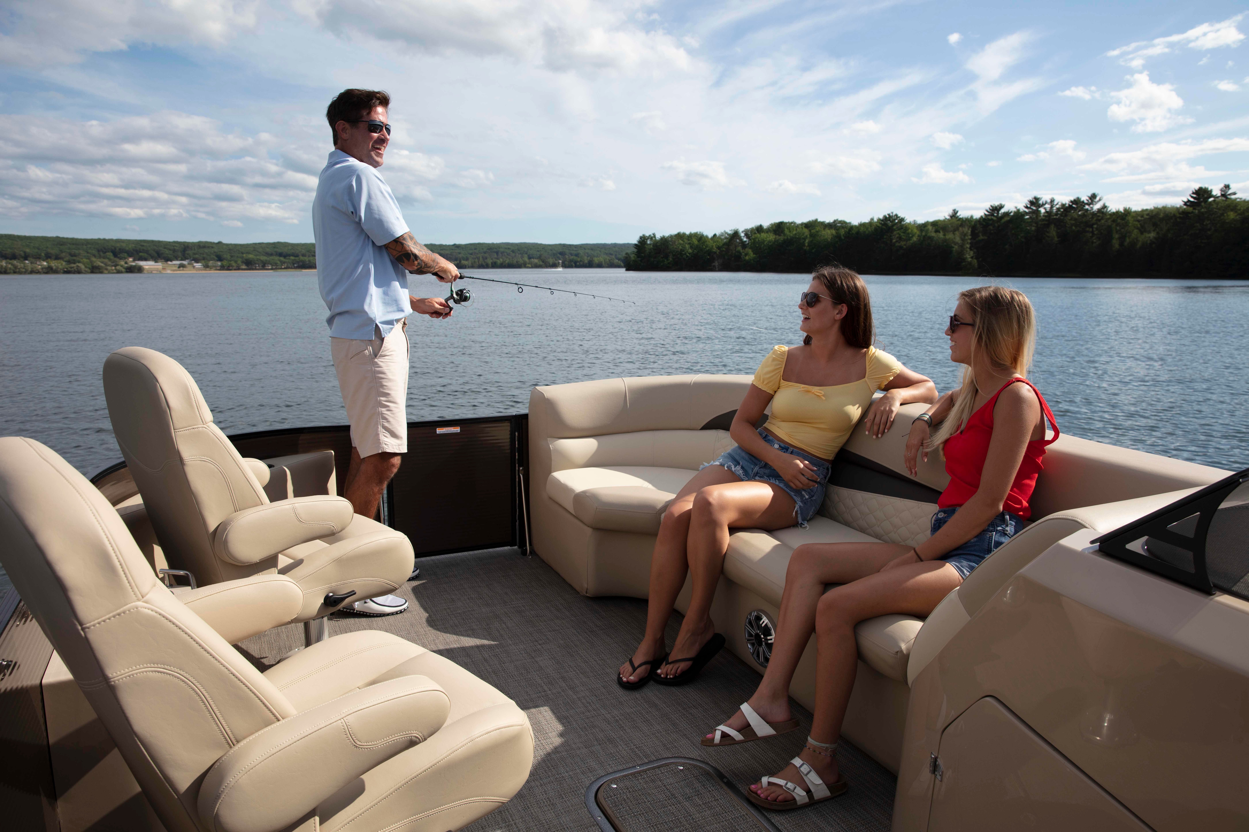 Man fishing on a Manitou Encore Pro Angler Pontoon Boat