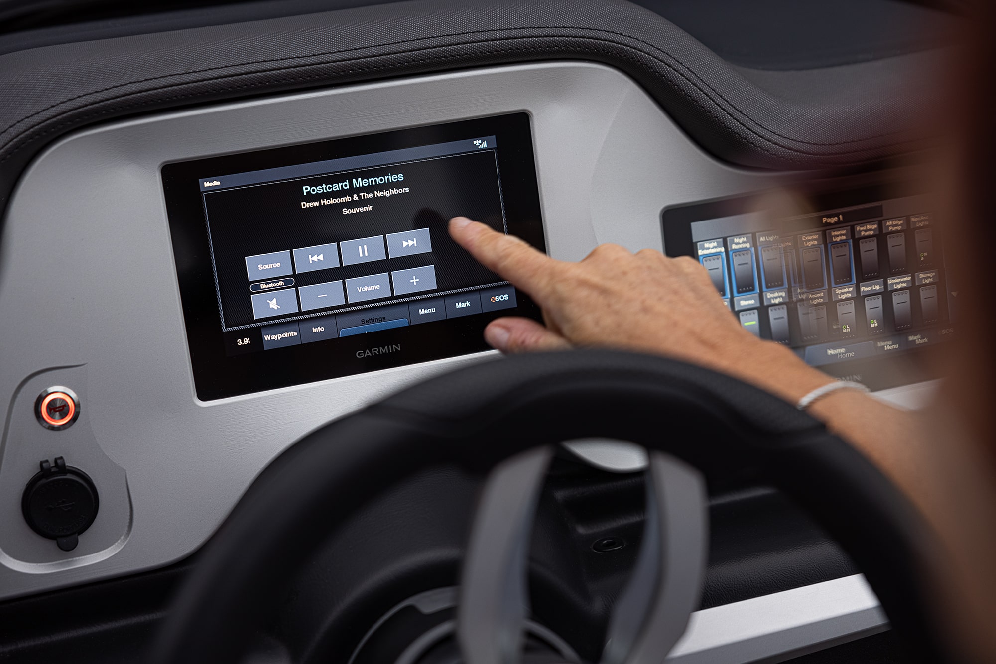 Close up of a 2022 Manitou XL sport Pontoon Boat dashboard