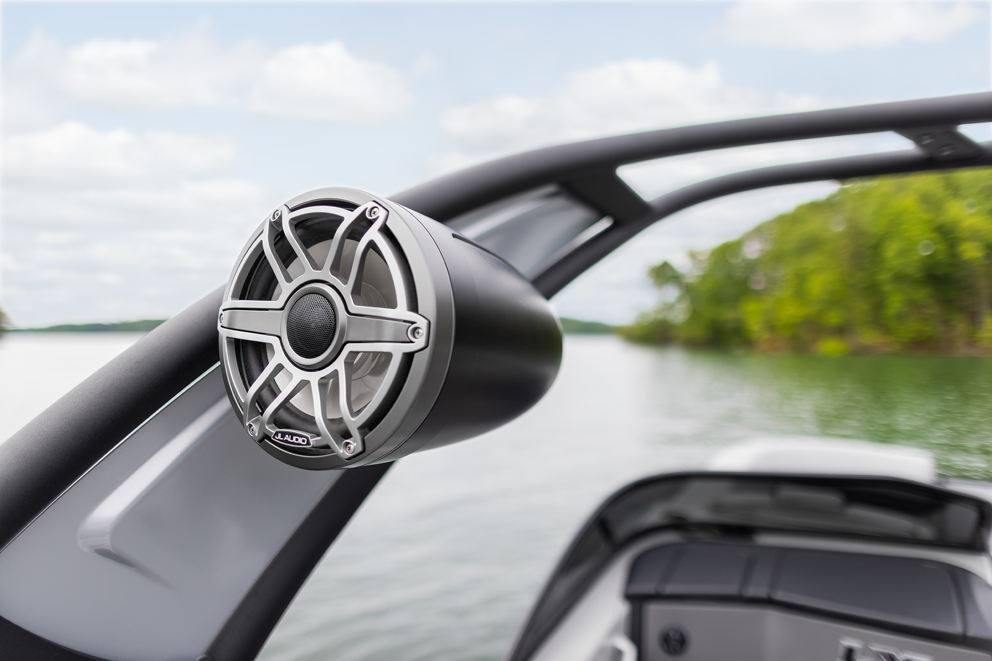 Close up of a Sport Tower speaker on a 2022 Manitou LX Pontoon Boat