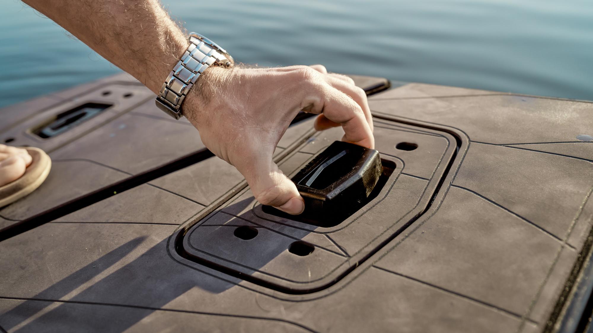 Up close view of a 2023 Manitou Explore Pontoon boat's LinQ functionalities