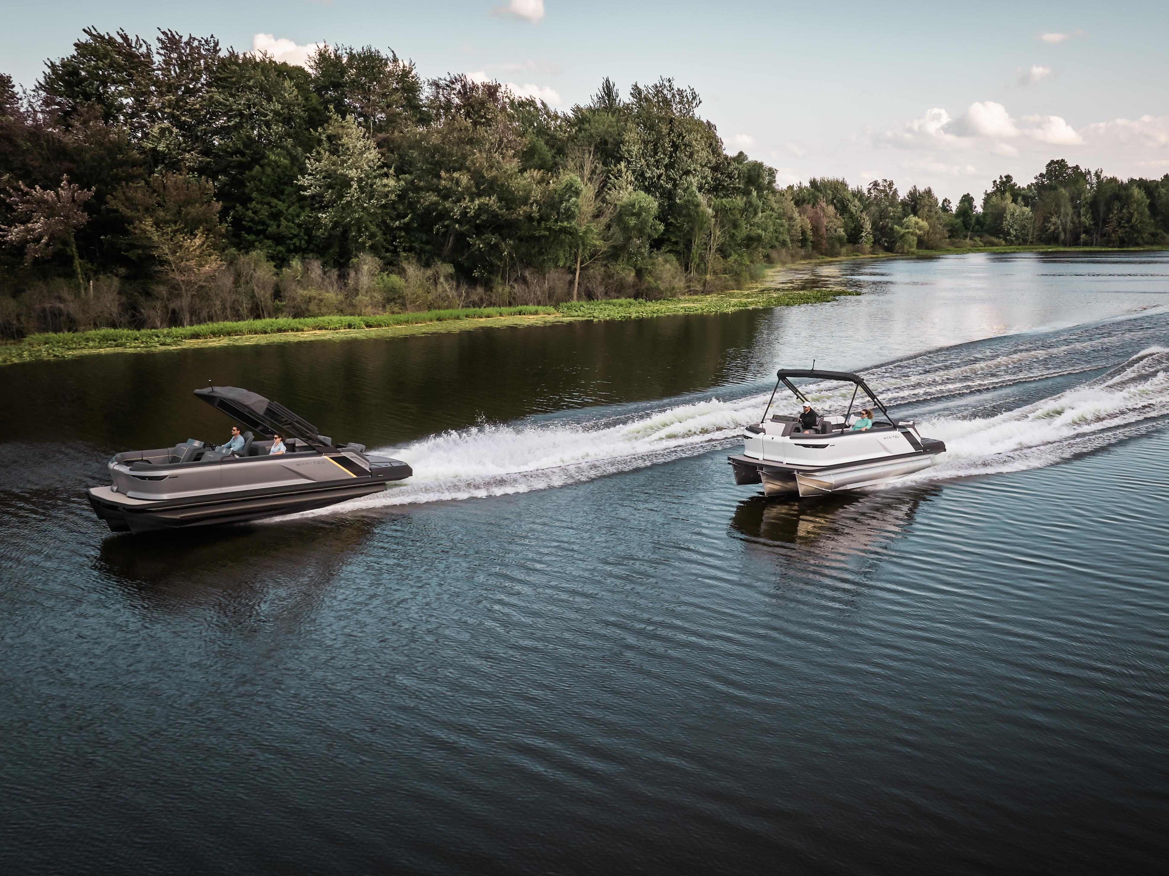 Cruise and Explore pontoon boats racing on water