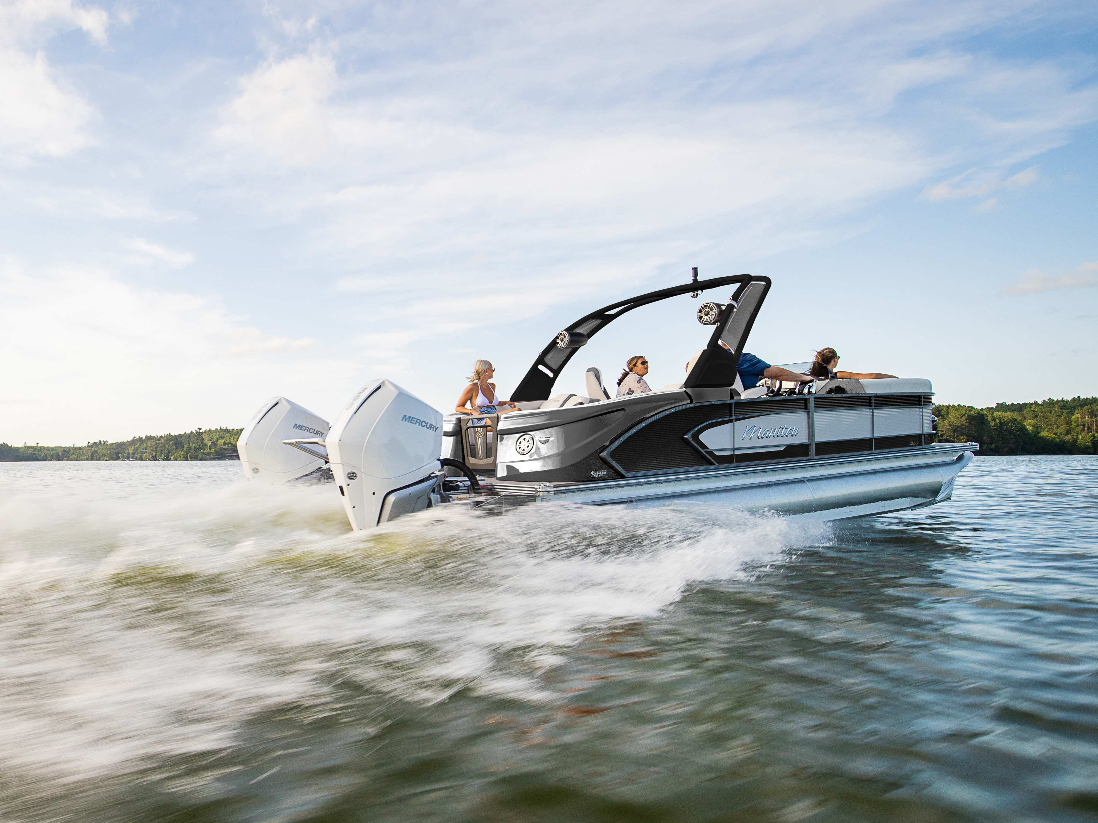 Responsible rider speeding on their 2023 Manitou LX pontoon boat